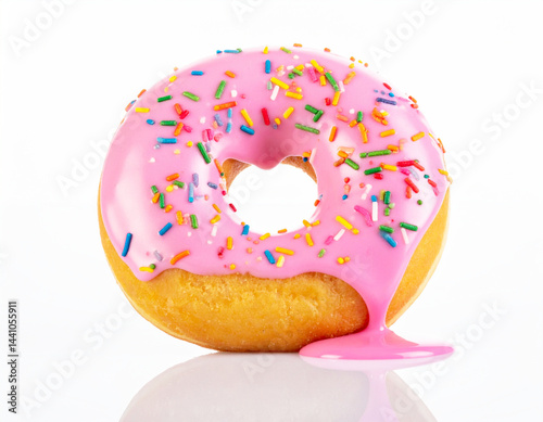 A donut with pink icing and colorful sprinkles dripping onto a white surface. AI