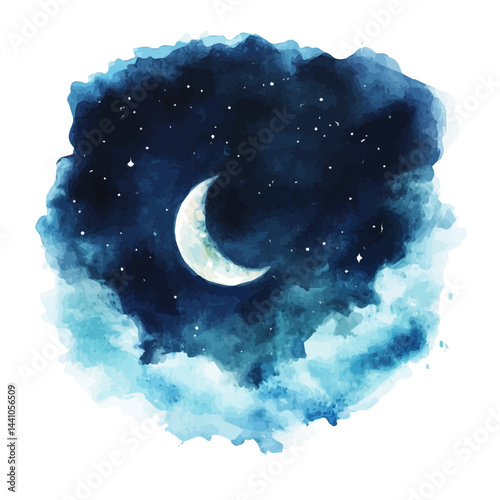 Starry Night Sky, vector watercolor illustration, isolated on a white background.