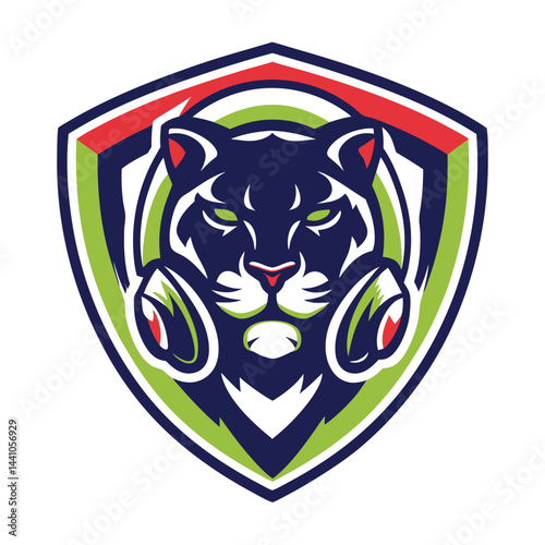 Tiger with Headphones on a Shield