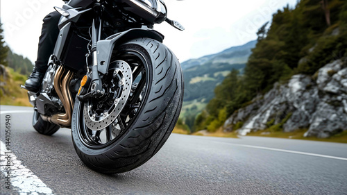 Three quarter profile modern motorcycle tire featuring a ventilated disc brake with drilled holes black alloy rim with a sporty design rubber tire with detailed tread patterns dynam