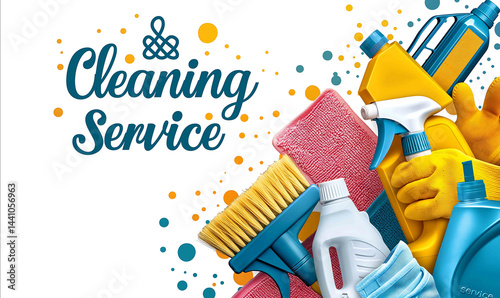 Collage of cleaning paraphernalia in the text Cleaning service Element for advertising postcard poster and more Isolated on white