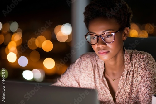 A business woman engages in coding, software development, and programming for nighttime cybersecurity on her laptop, with a focus on research