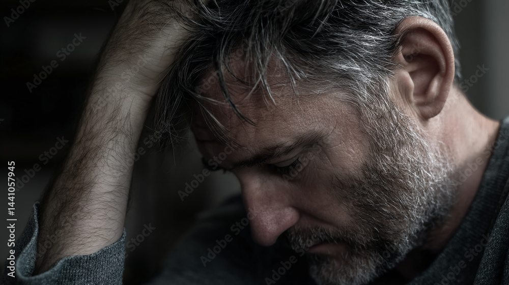 Obraz premium Close-up of a man with graying hair and beard, head in hands, conveying sadness and contemplation, representing feelings of depression or grief