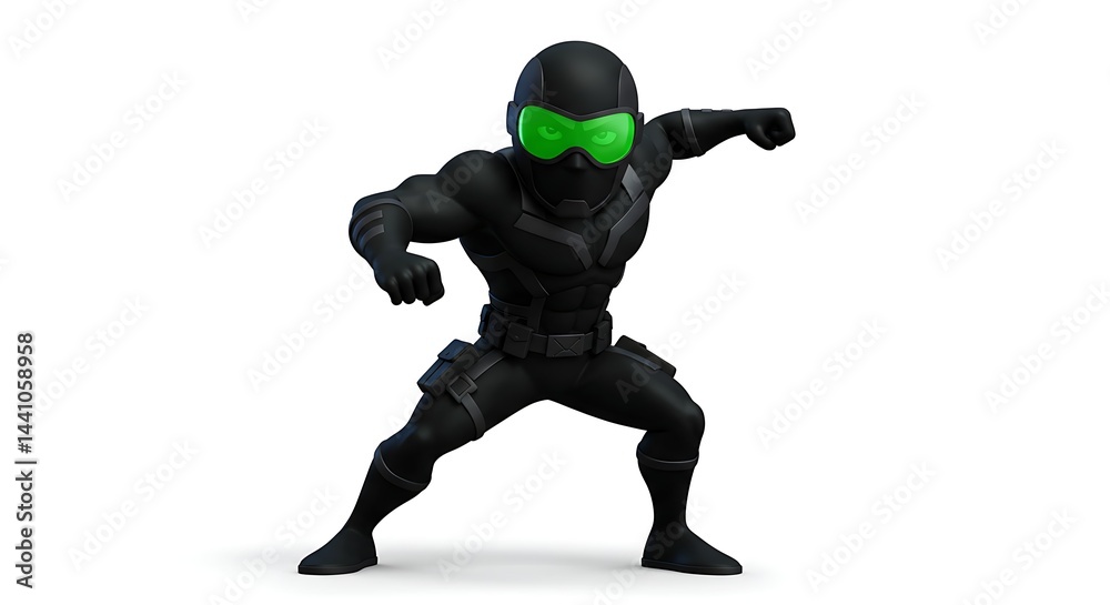 Cartoon superhero in a black tactical suit with green glowing goggles in action pose on white background Cartoon superhero in a black tactical suit with green glowing goggles in action pose on white background