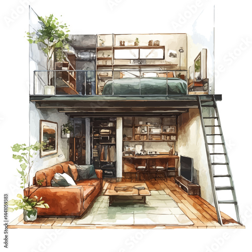 Spacious Loft Apartment, watercolor vector, isolated on a white background.