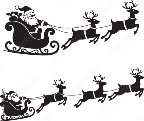 Santa Claus Sleigh Ride with Flying Reindeer silhouette vector illustration isolated On Transparent Background