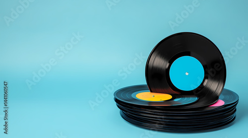 A stack of old vinyl records on a blue background. the records are black with colorful labels. Soul Press. Illustration