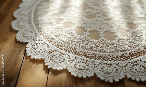 An elegant lace frame with fine complex patterns in white is neatly laid out on a natural wood table The background emphasizes the warmth and naturalness of the wood texture and the