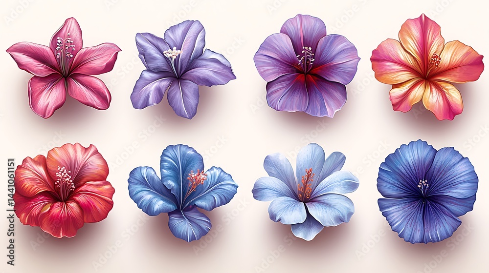 A collection of vibrant floral illustrations in various hues.