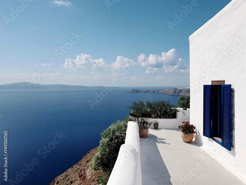 A stylish Greek island villa with whitewashed walls blue shutters and a rooftop terrace overlooking the Aegean Sea
