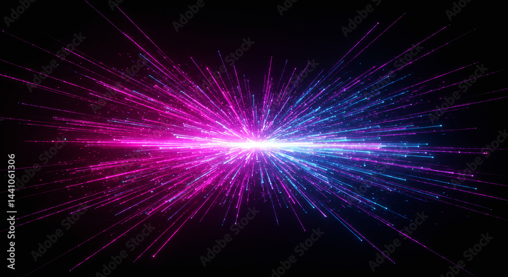 Fototapeta premium A colorful explosion of digital light beams forming a dynamic data network on a dark futuristic background.