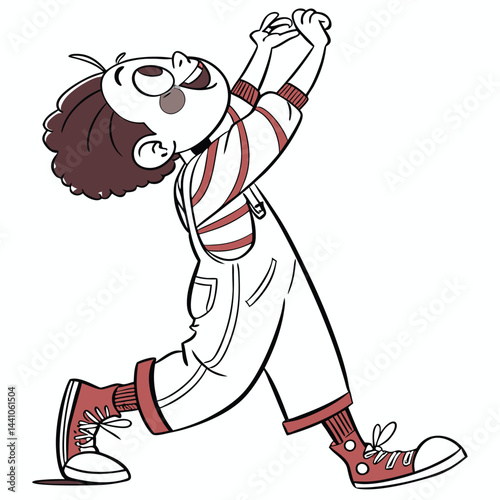 Joyful child in striped overalls and sneakers