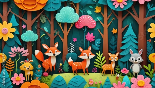 Cartoon art of funny animals in a seamless forest pattern for children