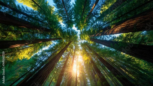 Sunlight filtering through towering redwood trees in a lush forest during early morning hours