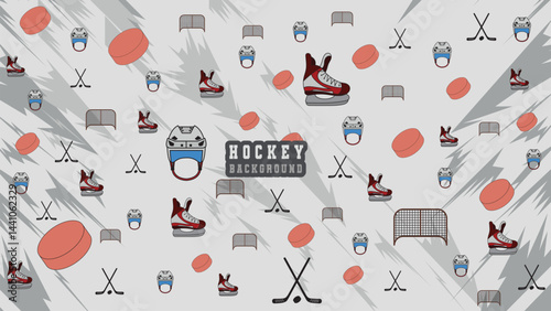 Hockey Pattern with Red Pucks Skates Helmets and Nets on Light Gray Dynamic Background Vector
