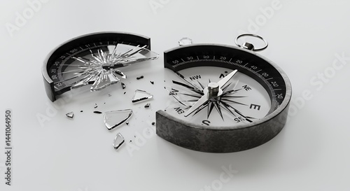 Broken Silver Compass on Isolated White Surface Symbolizing Lost Direction Loss and Disorientation Studio Shot