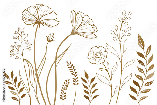 Set of boho simple geometric branch and flowers. Botanic design elements in wavy and vintage style. Leaves and branches print for logo, social media or packaging and greeting card. Vector illustration