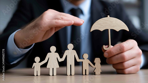 Businessman protects family icon with his hand Virtual medical icon and wooden umbrella icon in front of the image