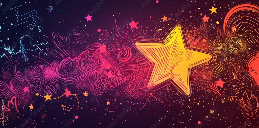 Fototapeta premium Glowing stars, holiday sparklers, and a festive decorative set are showcased in an energetic hand-drawn design, featuring vibrant neon firework crayon doodles of swirly shapes, pink spirals, and