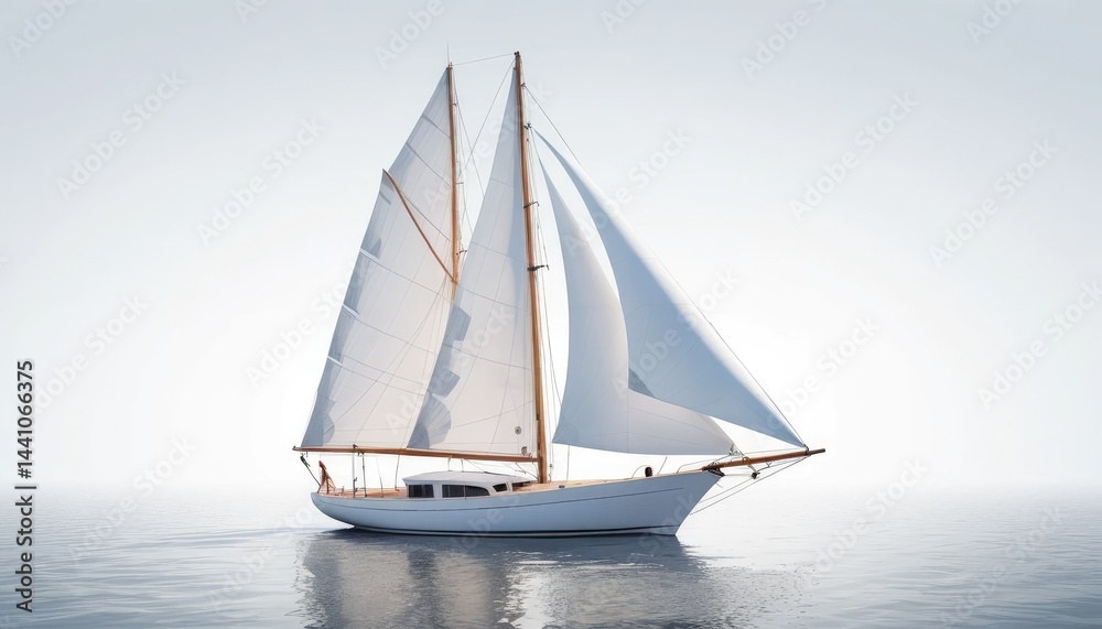 Fototapeta premium A white sailboat glides across the vast ocean under a painted sunset sky