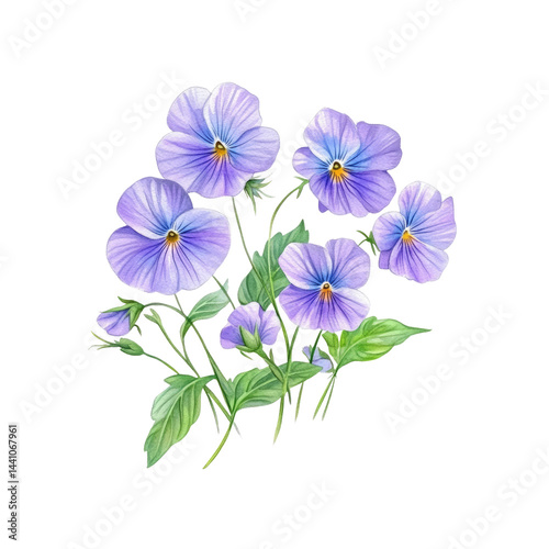 Delicate Watercolor Painting of a Bouquet of Light Purple Pansies