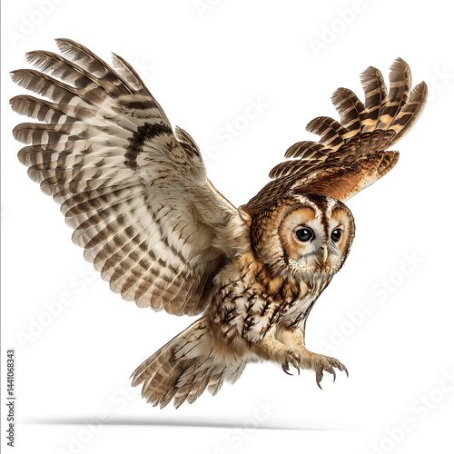 A realistic photograph of flying tawny owl on white background