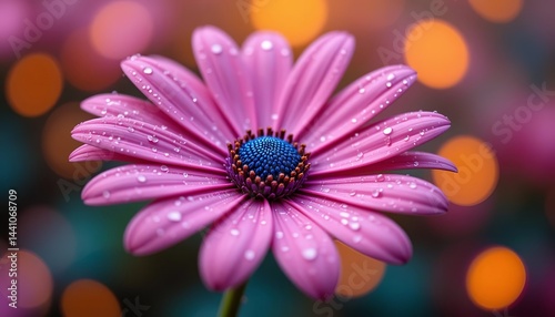 Close up of a pink daisy with water droplets and a blue center against a bokeh background