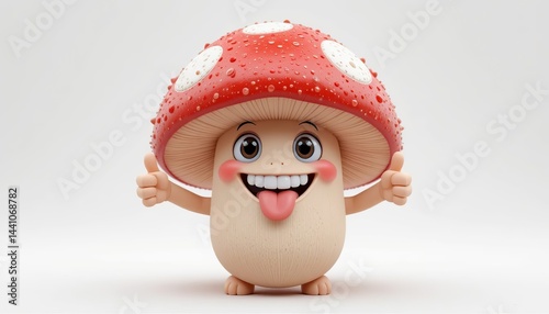 A cheerful mushroom character with red cap and white spots giving thumbs up on a white background