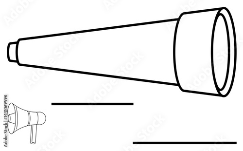 Outline of a telescope and megaphone, symbolizing exploration, amplification, communication. Ideal for discovery, science, education, focus vision media creativity. Perfect for a simple landing