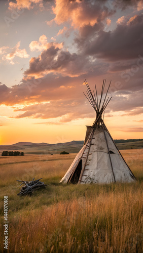 A Native American wigwam on a grassy plain at sunset. The house of the Inhabitants of the Tribe in the field.