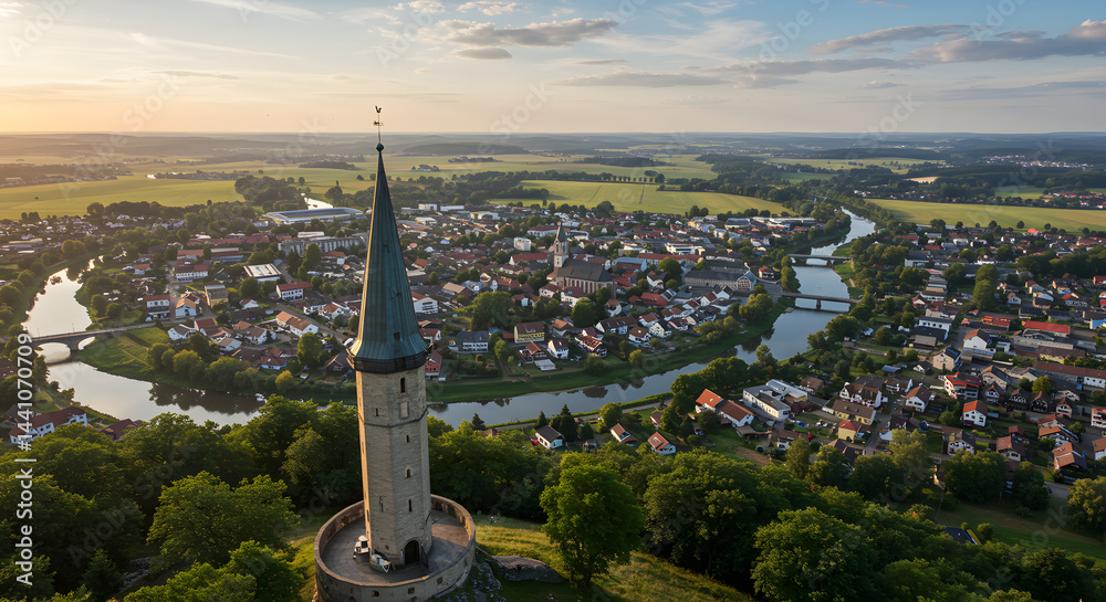 Fototapeta premium Tower over Town River Landscape