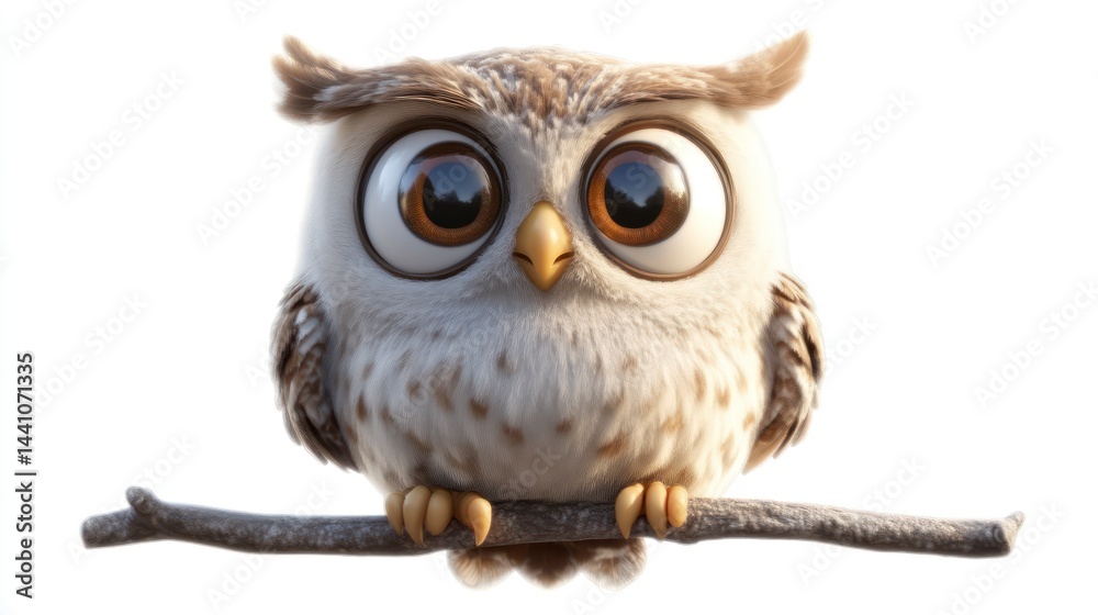 Obraz premium Adorable Cartoon Owl Perched on a Branch with Expressive Eyes and Detailed Feathers for Nature