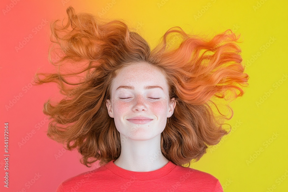 Fototapeta premium Young red-haired woman with curly hair smiling with eyes closed, colorful gradient background in yellow and red, front view, studio portrait, minimalistic, copy space