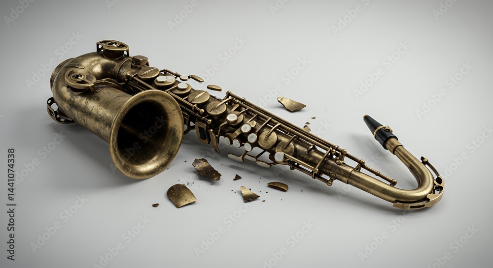 Fototapeta premium Damaged Gold Saxophone Isolated on White Background Studio Shot Featuring Broken Instrument Details for Ads and Promotions Perfect for Illustrating Repair and Reuse Concepts