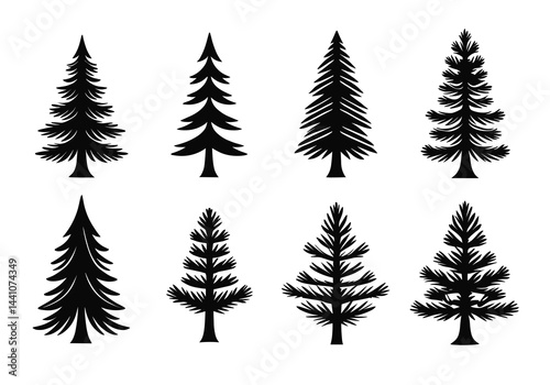 A silhouette collection of evergreen coniferous trees representing forest diversity and nature.