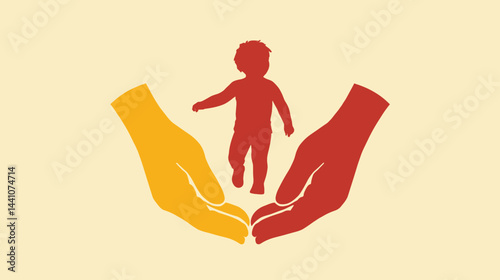 Hands protecting a silhouette of a child, symbolizing care and safety, minimalist design