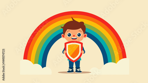 Child standing with a shield under a rainbow, symbolizing safety and positivity, colorful design