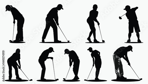 Silhouettes of Golfers in Various Poses and Swings