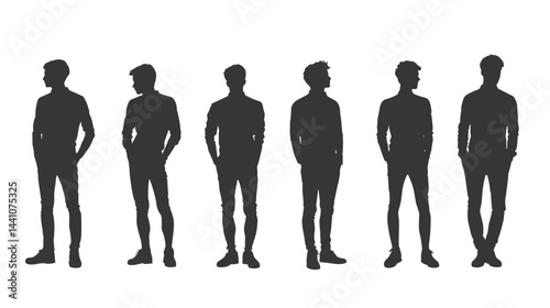 Silhouetted male figures stand in various poses, casting dark shadows on a white background.