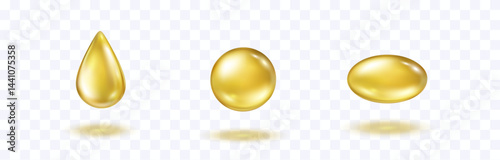 Oil elements isolated on transparent background. Cosmetic capsule set and drop. Vector golden honey, juice droplet, ball. Gold 3d orb, gel sphere, pill