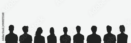 Silhouette crowd shows unity and diversity in dark hues against a plain, bright backdrop.