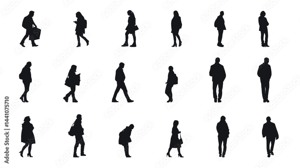 Fototapeta premium Silhouette Collection of People Walking Carrying Bags on White Background