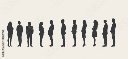 Silhouetted group standing in a line. Diversity in gender and attire creates a cohesive scene.