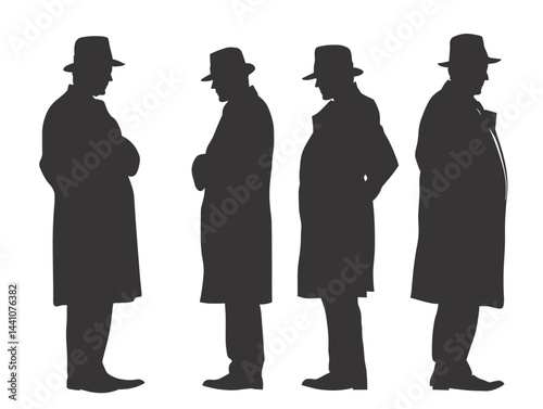 Silhouetted figures in coats and hats stand in a row against a stark white backdrop.