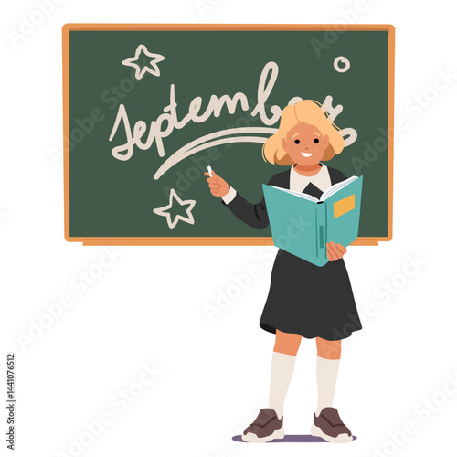 Elementary school student cartoon girl character celebrating start of education at chalkboard