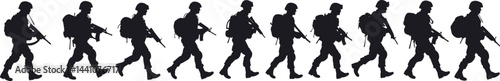 Silhouette of Soldiers: A line of troops equipped with gear, marching forward in formation.