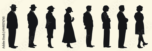 Silhouettes of diverse individuals stand in a row, embodying a blend of eras and styles.