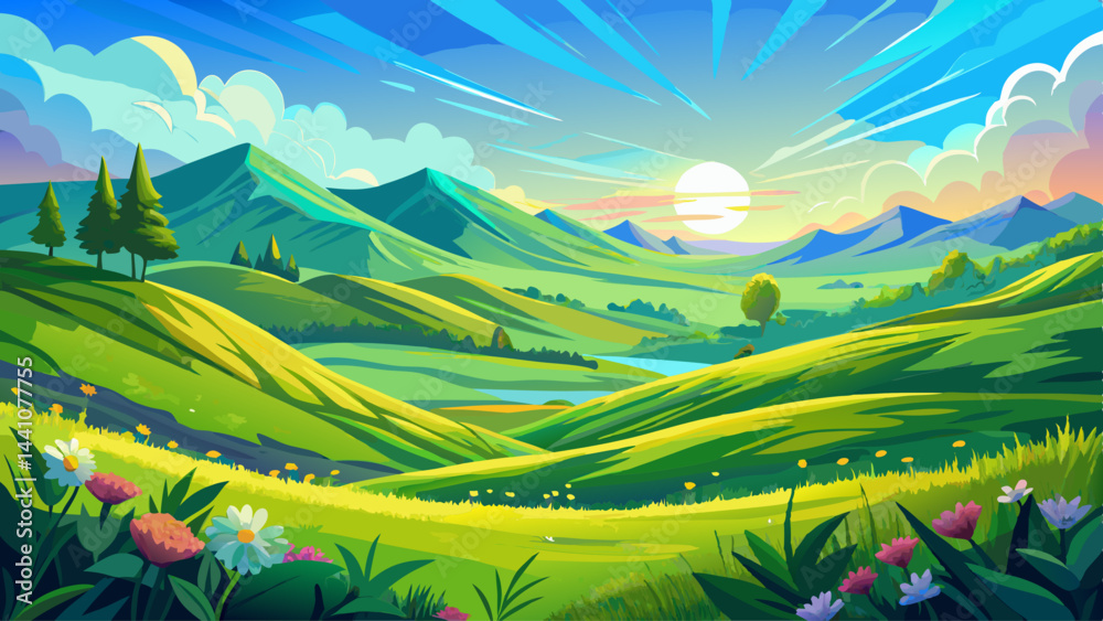 Obraz premium Waves of emerald sweep across the landscape. New life sprouts under the soft spring light. The hills curve gently like a painter’s brushstroke. A world reborn in vivid greens and golds.