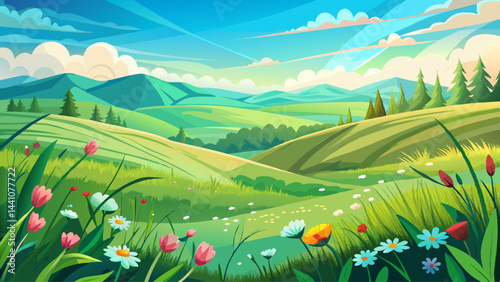 Waves of emerald sweep across the landscape.
New life sprouts under the soft spring light.
The hills curve gently like a painter’s brushstroke.
A world reborn in vivid greens and golds.