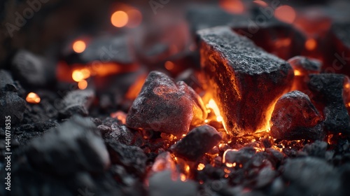 Glowing embers close-up. Soft ash and firelight